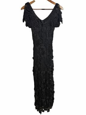 Cache Black Crochet Lace Floral Appliqué Maxi Dress Y2K Size 4 Gothic Romantic